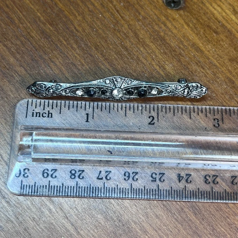 Vtg Art Deco Style Black Clear Rhinestone Gunmetal Bar Brooch Pin 2.5
